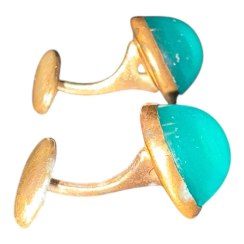 Vintage Green Glass Cabochon Cufflinks Gold Tone Retro Mid-Century Style J17